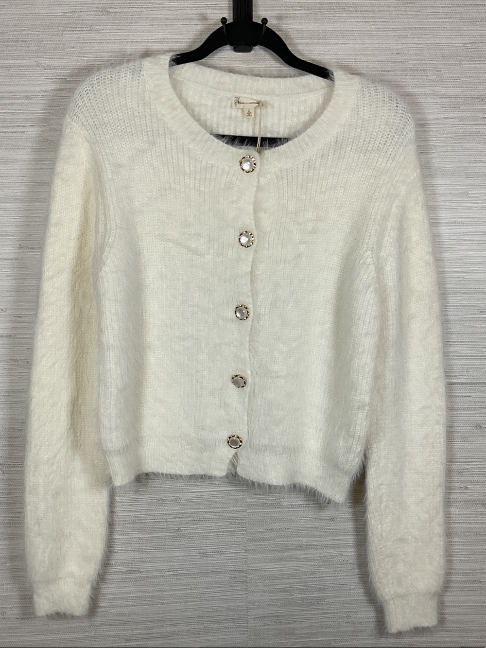 Hem & Thread Super Soft Fuzzy Cream Cardigan Gold Buttons NWT Large